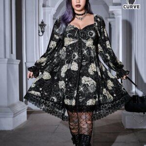 ROMWE PUNK Plus Galaxy Print Flounce Sleeve Lace Trim Dress